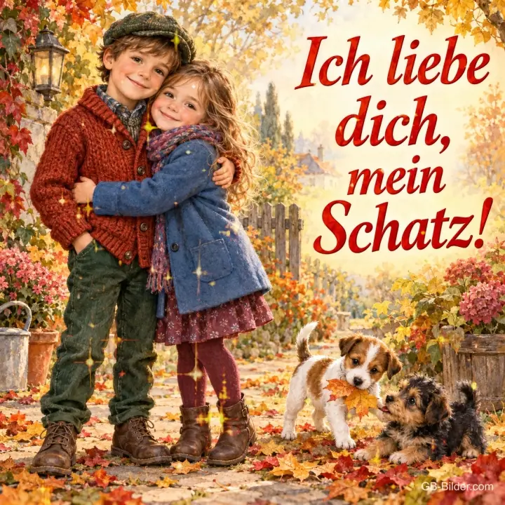 Junge und Mädchen umarmen sich im Herbstlaub, zwei Welpen, Text: Ich liebe dich, mein Schatz!