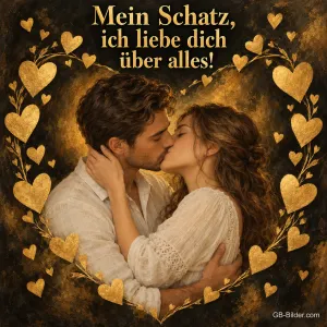 Paar küsst sich in einem Rahmen aus goldenen Herzen, Text: Mein Schatz, – ich liebe dich über alles!