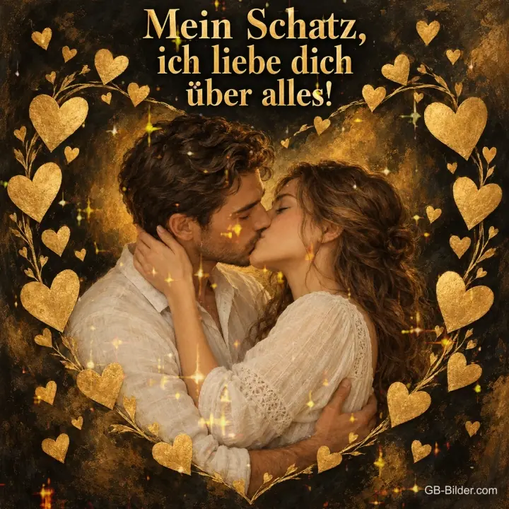 Paar küsst sich in einem Rahmen aus goldenen Herzen, Text: Mein Schatz, – ich liebe dich über alles!