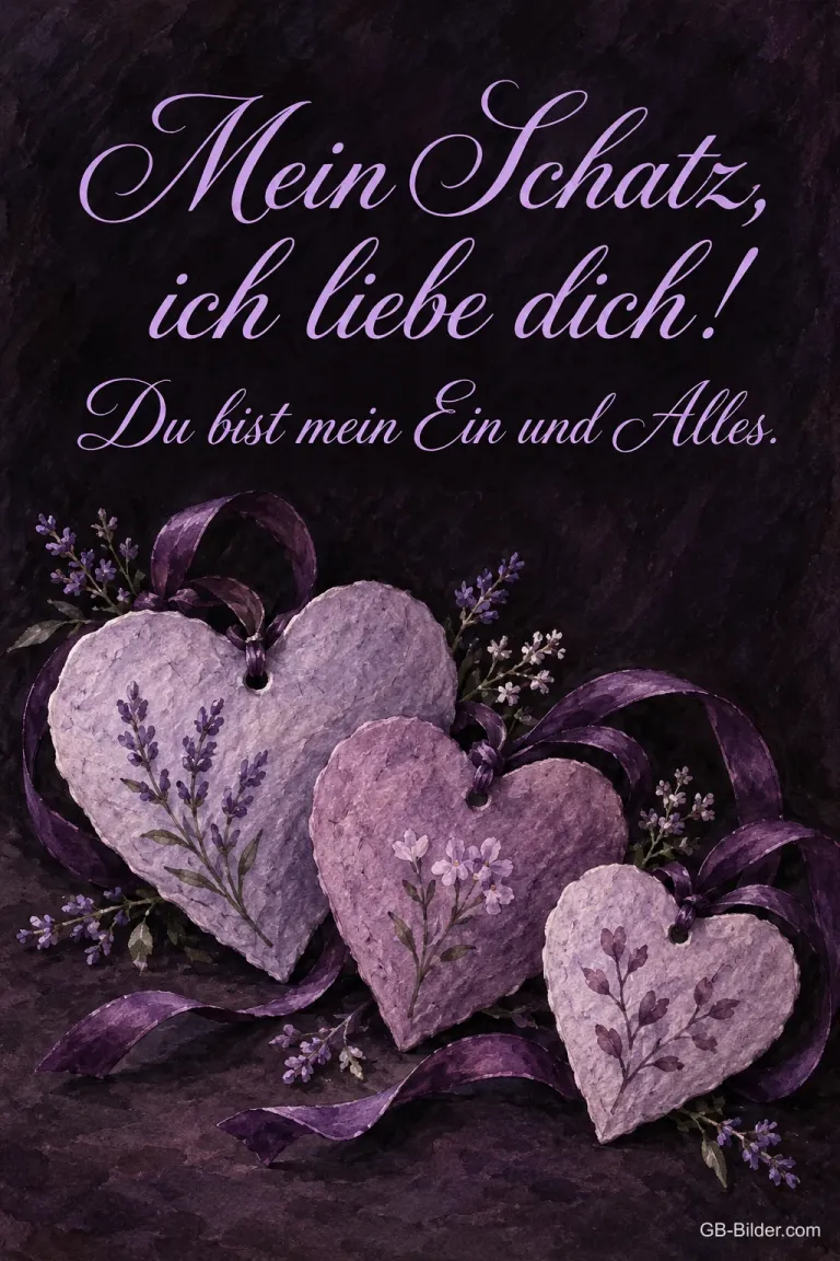 Drei lila Filzherzen mit Lavendel, Text: Mein Schatz, ich liebe dich! – Du bist mein Ein und Alles.