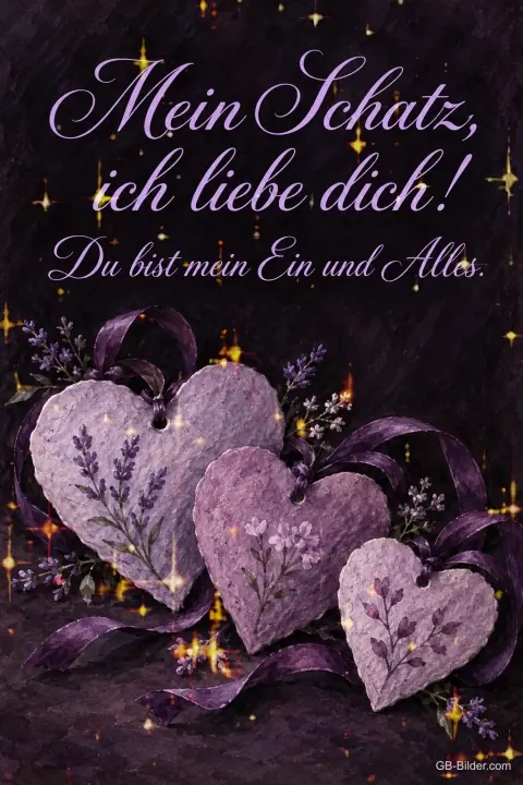 Drei lila Filzherzen mit Lavendel, Text: Mein Schatz, ich liebe dich! – Du bist mein Ein und Alles.