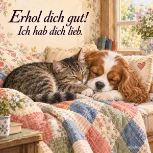 Welpe und Kätzchen schlafen auf einer Patchworkdecke, Text: Erhol dich gut! – Ich hab dich lieb.