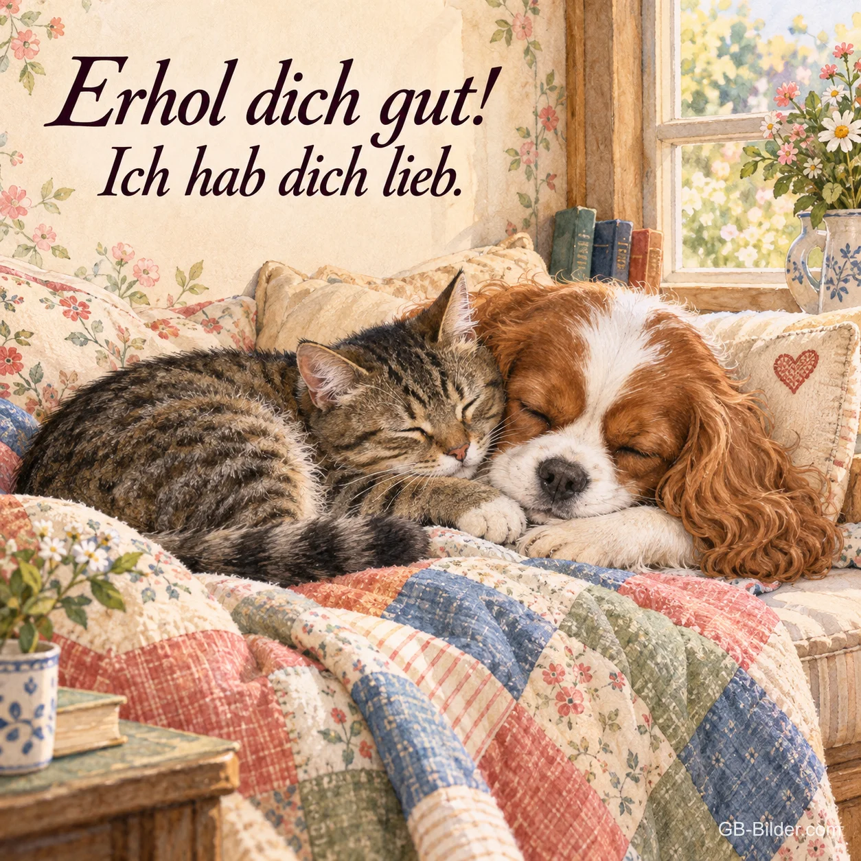 Welpe und Kätzchen schlafen auf einer Patchworkdecke, Text: Erhol dich gut! – Ich hab dich lieb. Welpe und Kätzchen schlafen auf einer Patchworkdecke, Text: Erhol dich gut! – Ich hab dich lieb.