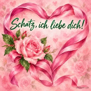 Rosa Rose in einem Herz aus rosa Band, Text: Schatz, ich liebe dich!