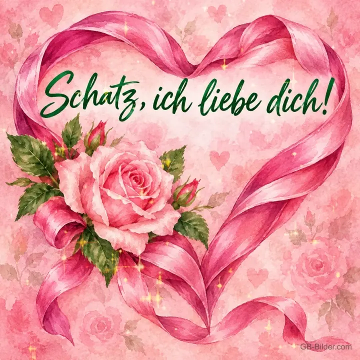 Rosa Rose in einem Herz aus rosa Band, Text: Schatz, ich liebe dich!