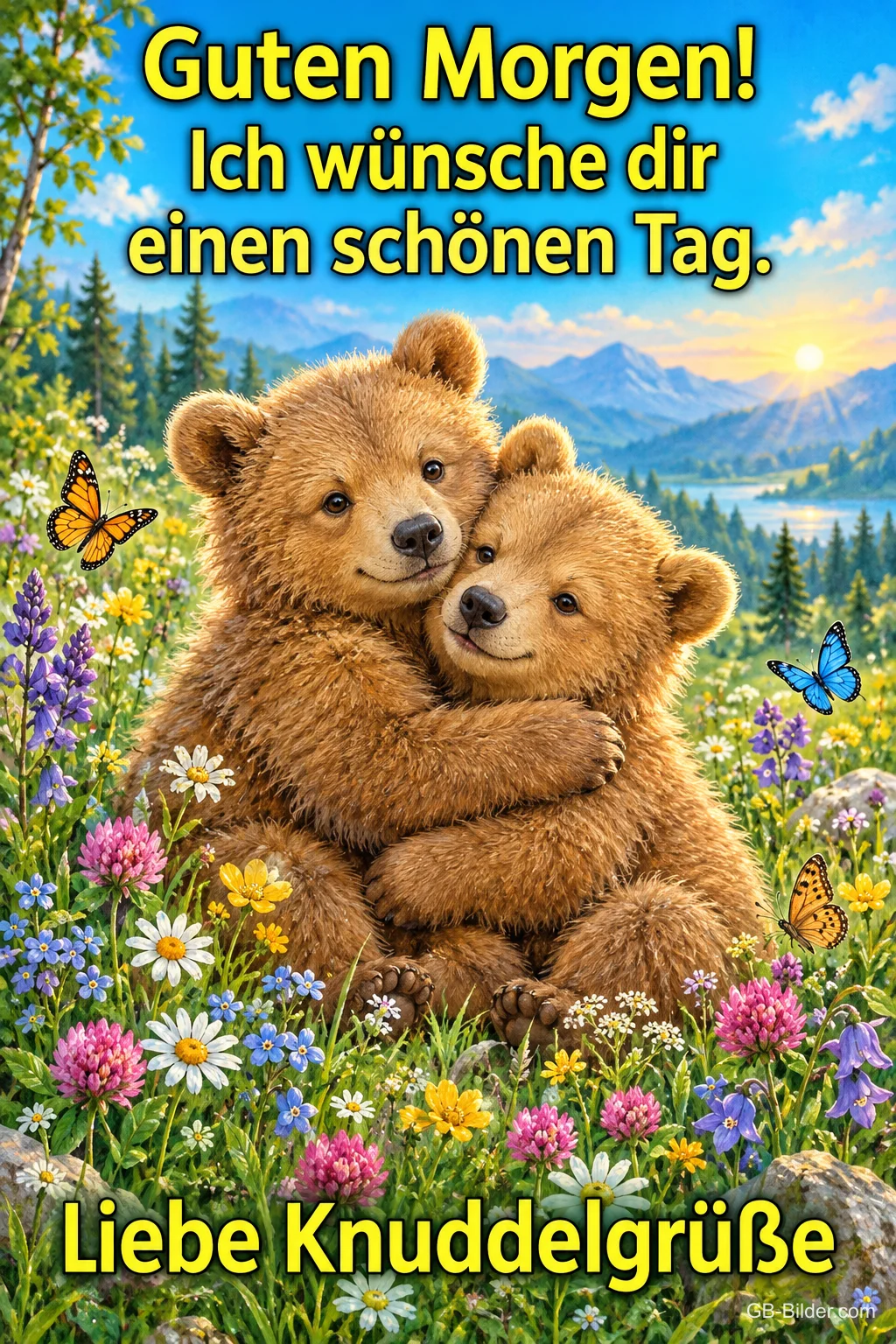 Zwei Bärenjunge umarmen sich auf einer Blumenwiese, Text: Guten Morgen! – Ich wünsche dir einen schönen Tag. Liebe Knuddelgrüße Zwei Bärenjunge umarmen sich auf einer Blumenwiese, Text: Guten Morgen! – Ich wünsche dir einen schönen Tag. Liebe Knuddelgrüße
