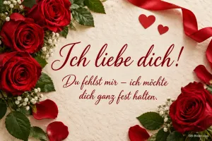 Rote Rosen und Herzen um eine Karte mit Schleife, Text: Ich liebe dich! – Du fehlst mir – ich möchte dich ganz fest halten.
