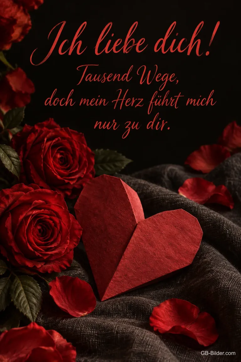 Rotes Papierherz zwischen roten Rosen, Text: Ich liebe dich! – Tausend Wege, doch mein Herz führt mich nur zu dir.