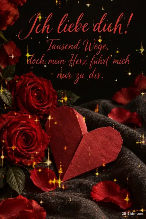 Rotes Papierherz zwischen roten Rosen, Text: Ich liebe dich! – Tausend Wege, doch mein Herz führt mich nur zu dir.