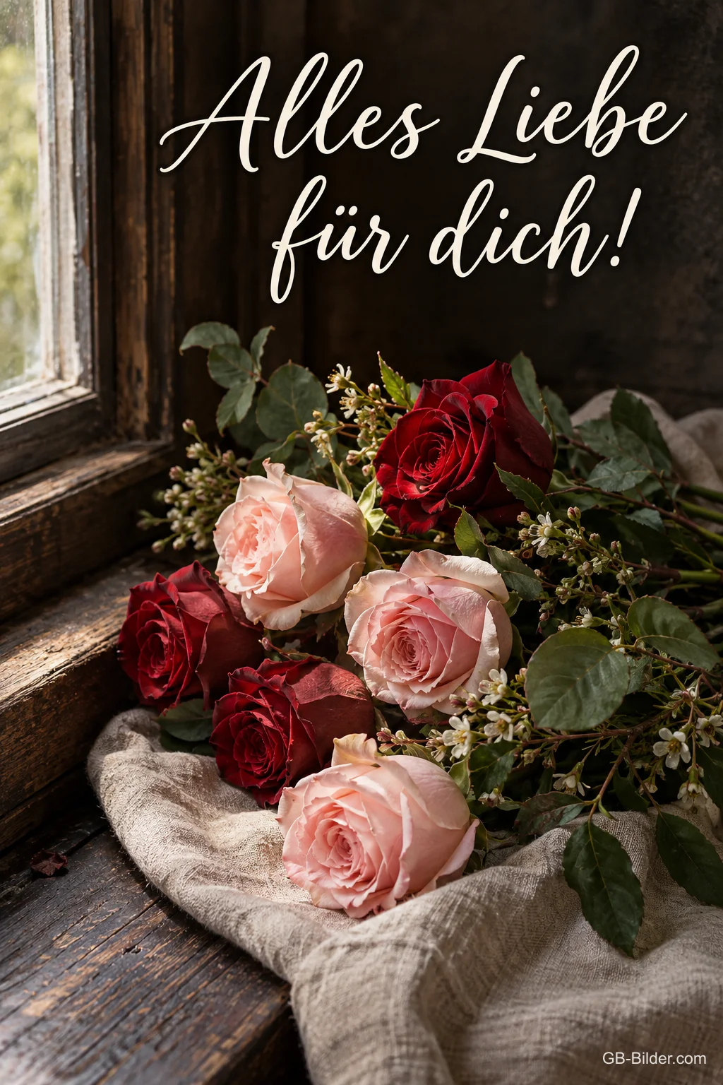 Rote und rosa Rosen auf einem Tuch am Fenster, Text: Alles Liebe – für dich! Rote und rosa Rosen auf einem Tuch am Fenster, Text: Alles Liebe – für dich!