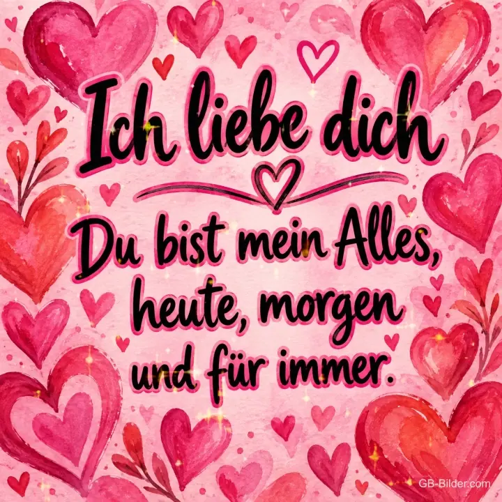 Viele rosa und rote Aquarellherzen, Text: Ich liebe dich – Du bist mein Alles, heute, morgen und für immer.
