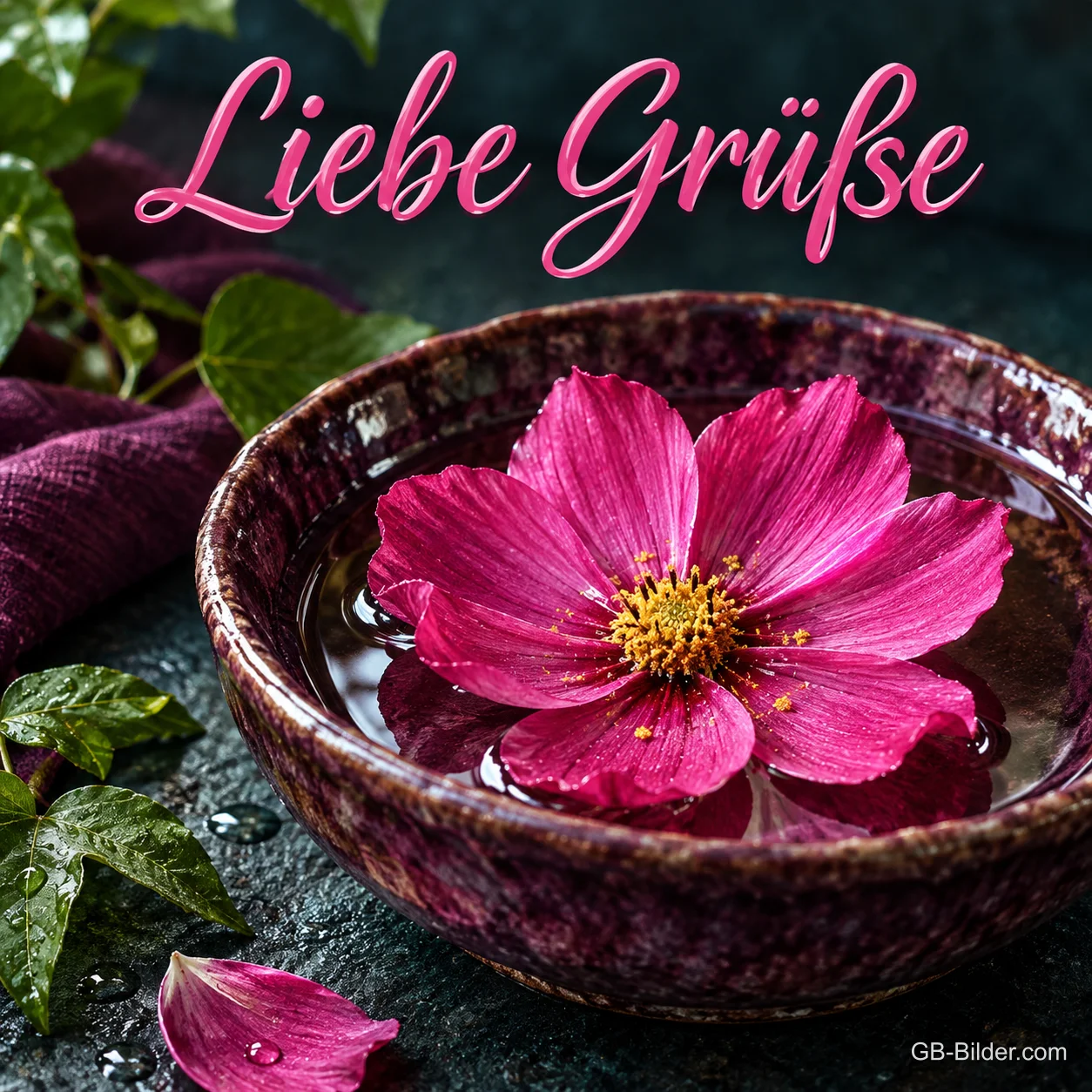 Pinke Blüte schwimmt in einer Wasserschale, Text: Liebe Grüße Pinke Blüte schwimmt in einer Wasserschale, Text: Liebe Grüße