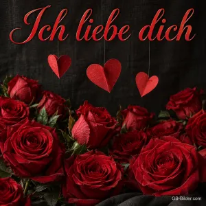 Rote Rosen und hängende Papierherzen, Text: Ich liebe dich