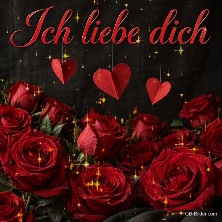 Rote Rosen und hängende Papierherzen, Text: Ich liebe dich