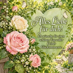 Grünes Herz mit Rosen und Schmetterlingen, Text: Alles Liebe für dich! – Ich wünsche dir einen schönen Tag voller kleiner Glücksmomente.