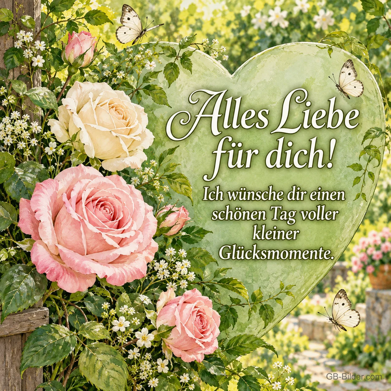 Grünes Herz mit Rosen und Schmetterlingen, Text: Alles Liebe für dich! – Ich wünsche dir einen schönen Tag voller kleiner Glücksmomente. Grünes Herz mit Rosen und Schmetterlingen, Text: Alles Liebe für dich! – Ich wünsche dir einen schönen Tag voller kleiner Glücksmomente.