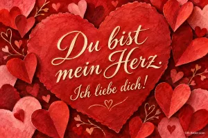 Großes rotes Papierherz zwischen vielen Herzen, Text: Du bist mein Herz. – Ich liebe dich!