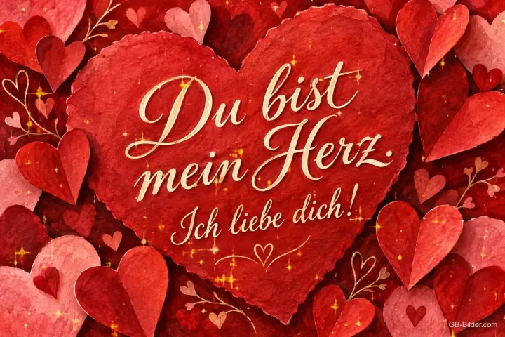 Großes rotes Papierherz zwischen vielen Herzen, Text: Du bist mein Herz. – Ich liebe dich!