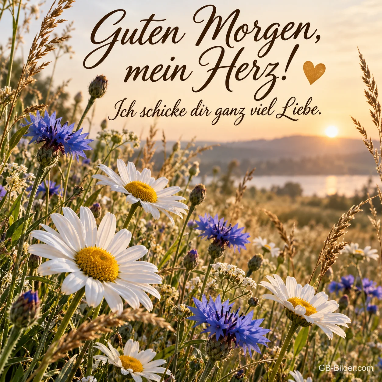 Margeriten und Kornblumen im Morgenlicht über einem See, Text: Guten Morgen, mein Herz! – Ich schicke dir ganz viel Liebe. Margeriten und Kornblumen im Morgenlicht über einem See, Text: Guten Morgen, mein Herz! – Ich schicke dir ganz viel Liebe.