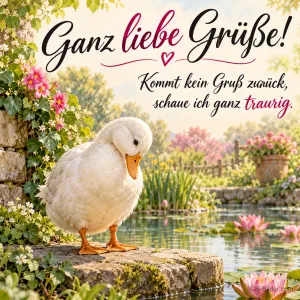 Weiße Gans schaut traurig auf einen Gartenteich, Text: Ganz liebe Grüße! – Kommt kein Gruß zurück, schaue ich ganz traurig.