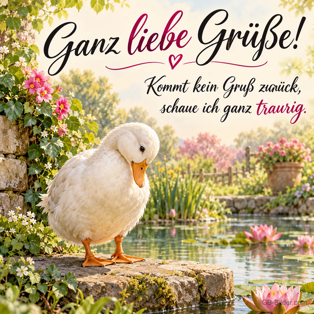 Weiße Gans schaut traurig auf einen Gartenteich, Text: Ganz liebe Grüße! – Kommt kein Gruß zurück, schaue ich ganz traurig. Weiße Gans schaut traurig auf einen Gartenteich, Text: Ganz liebe Grüße! – Kommt kein Gruß zurück, schaue ich ganz traurig.