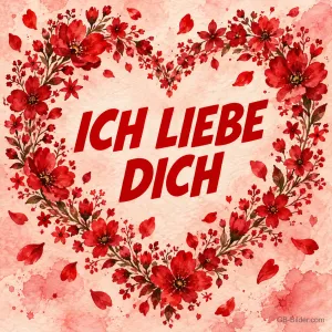 Herz aus roten Blüten auf Aquarellgrund, Text: ICH LIEBE DICH