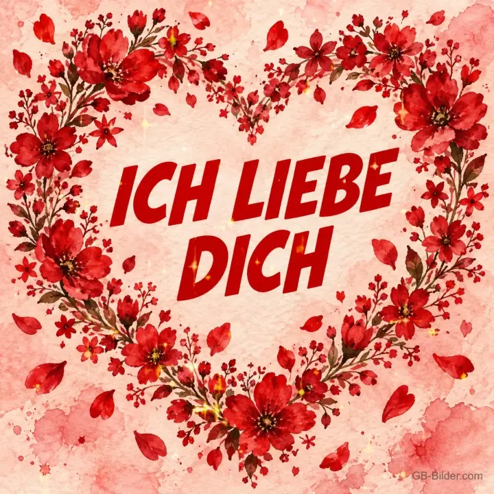 Herz aus roten Blüten auf Aquarellgrund, Text: ICH LIEBE DICH
