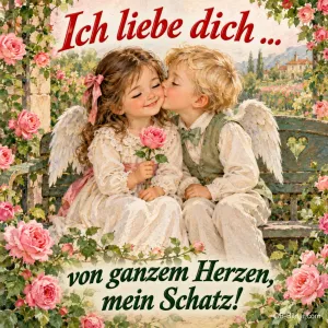Zwei Kinder mit Engelsflügeln geben sich einen Kuss zwischen Rosen, Text: Ich liebe dich … – von ganzem Herzen, mein Schatz!