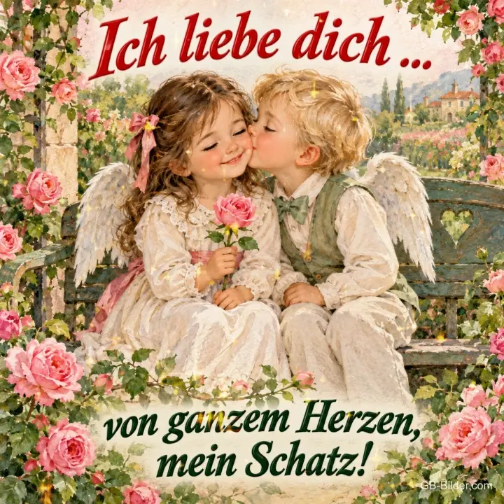Zwei Kinder mit Engelsflügeln geben sich einen Kuss zwischen Rosen, Text: Ich liebe dich … – von ganzem Herzen, mein Schatz!