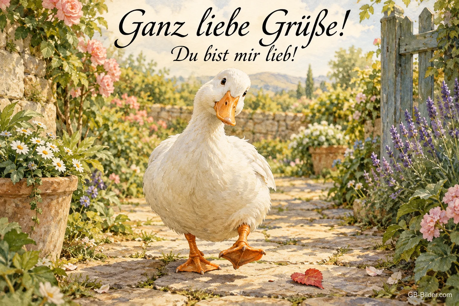 Weiße Ente watschelt durch einen Blumengarten, Text: Ganz liebe Grüße! – Du bist mir lieb! Weiße Ente watschelt durch einen Blumengarten, Text: Ganz liebe Grüße! – Du bist mir lieb!