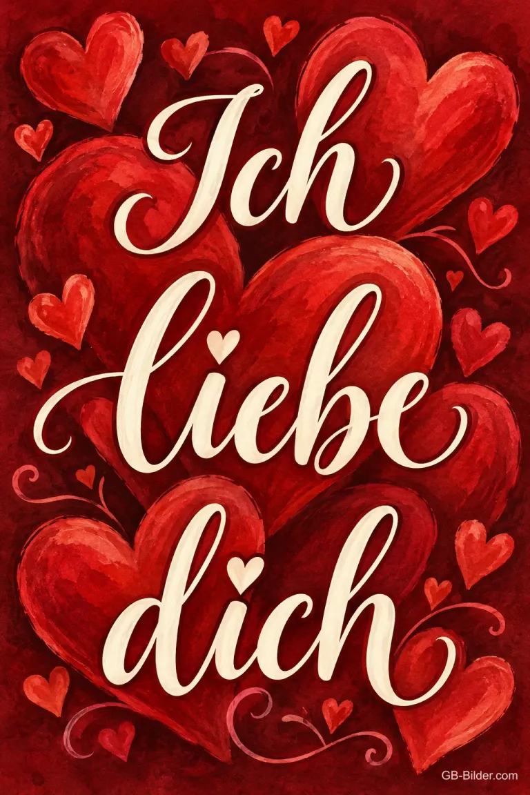 Rote Herzen mit weißer Schrift, Text: Ich liebe dich
