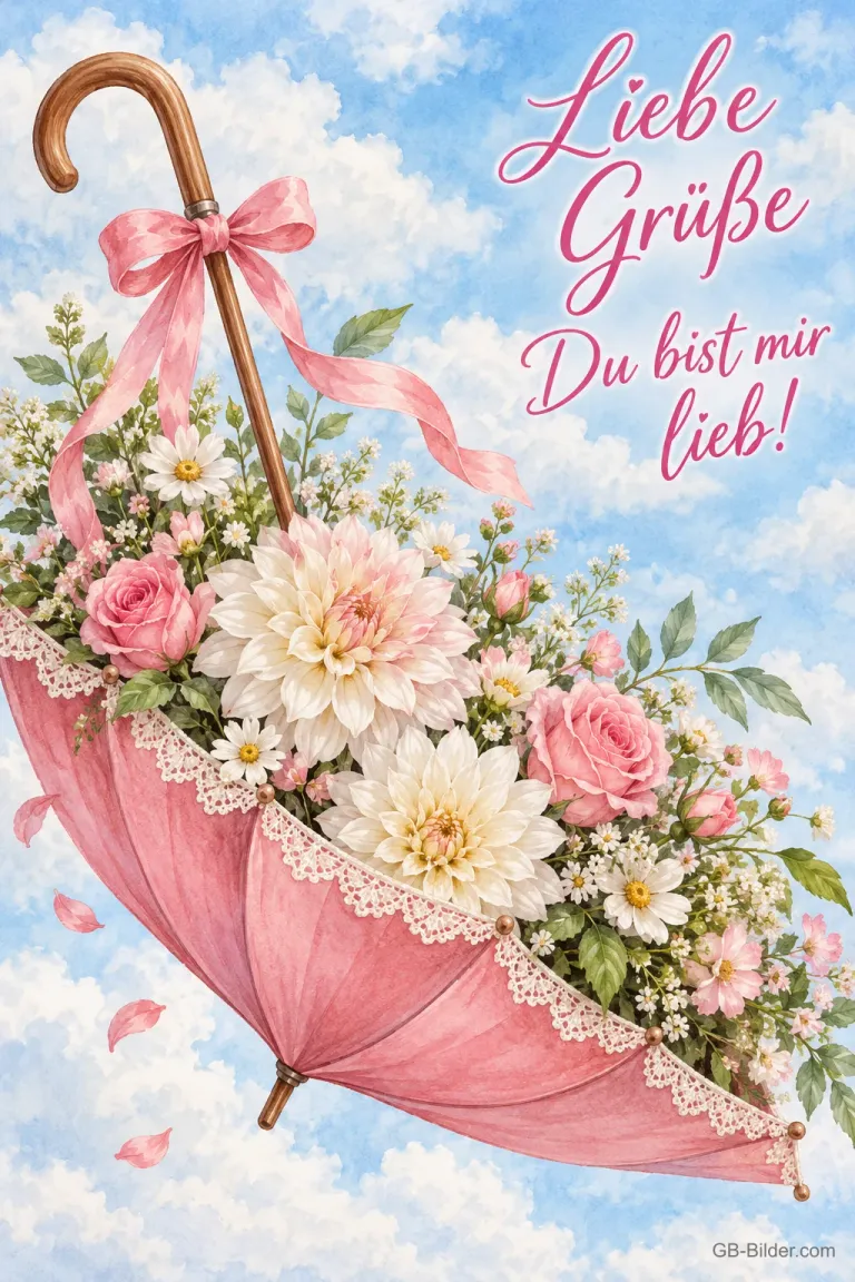 Rosa Schirm voller Blumen vor Wolkenhimmel, Text: Liebe Grüße – Du bist mir lieb!