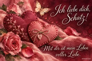 Zwei Stoffherzen zwischen Rosen auf rosa Seide, Text: Ich liebe dich, Schatz! – Mit dir ist mein Leben voller Liebe.
