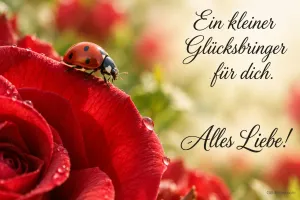 Marienkäfer auf einem roten Rosenblatt, Text: Ein kleiner Glücksbringer für dich. – Alles Liebe!