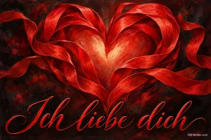 Herz aus rotem Seidenband, Text: Ich liebe dich