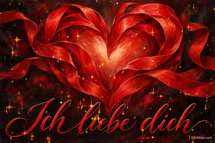 Herz aus rotem Seidenband, Text: Ich liebe dich