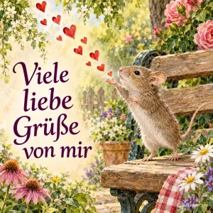Maus auf einer Gartenbank pustet rote Herzen, Text: Viele liebe Grüße – von mir