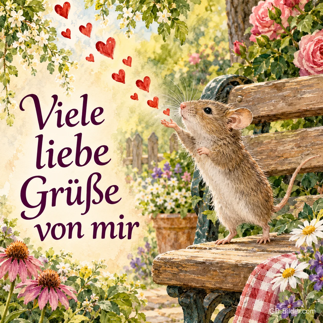 Maus auf einer Gartenbank pustet rote Herzen, Text: Viele liebe Grüße – von mir