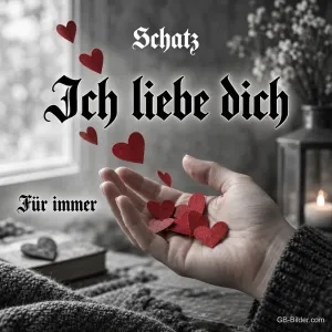 Hand hält rote Papierherzen am Fenster, Text: Schatz – Ich liebe dich – für immer