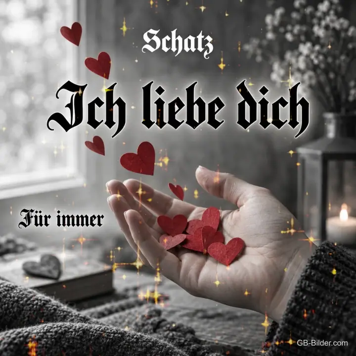 Hand hält rote Papierherzen am Fenster, Text: Schatz – Ich liebe dich – für immer