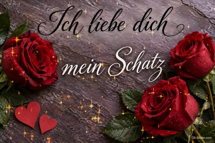 Rote Rosen auf Schiefer mit kleinen Herzen, Text: Ich liebe dich – mein Schatz