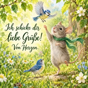 Maus mit grünem Schal winkt zwei Blaumeisen in einer Frühlingswiese, Text: Ich schicke dir liebe Grüße! – Von Herzen.