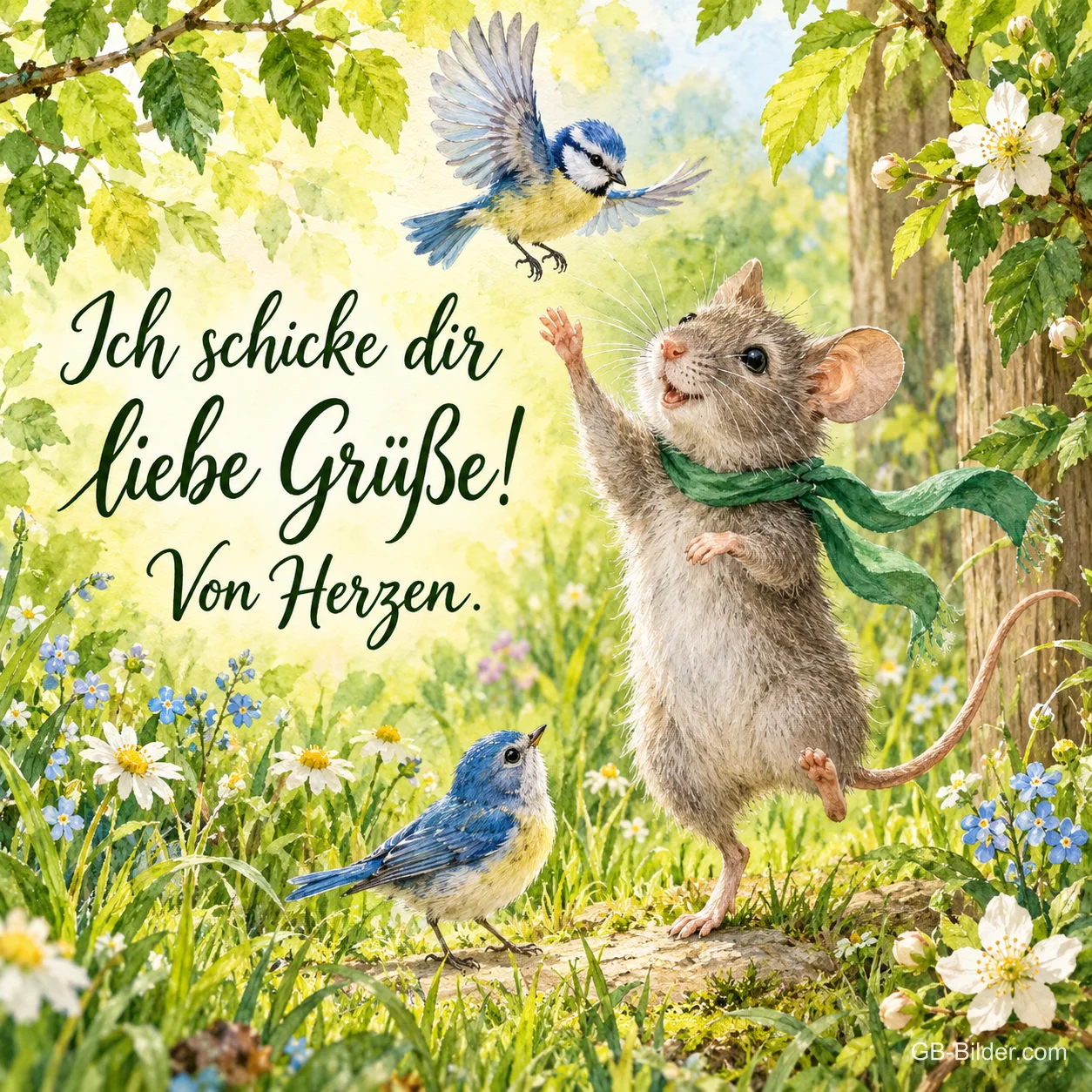 Maus mit grünem Schal winkt zwei Blaumeisen in einer Frühlingswiese, Text: Ich schicke dir liebe Grüße! – Von Herzen.