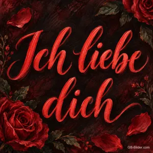 Rote Schrift zwischen dunklen Rosen, Text: Ich liebe dich