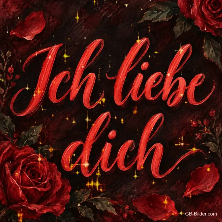 Rote Schrift zwischen dunklen Rosen, Text: Ich liebe dich