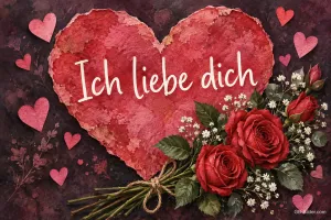 Rotes Papierherz mit Rosenstrauß, Text: Ich liebe dich