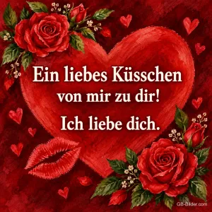 Rotes Herz mit Kussmund zwischen roten Rosen, Text: Ein liebes Küsschen von mir zu dir! – Ich liebe dich.