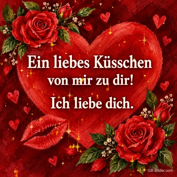 Rotes Herz mit Kussmund zwischen roten Rosen, Text: Ein liebes Küsschen von mir zu dir! – Ich liebe dich.