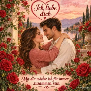 Verliebtes Paar umarmt sich zwischen roten Rosen am See, Text: Ich liebe dich – Mit dir möchte ich für immer zusammen sein.
