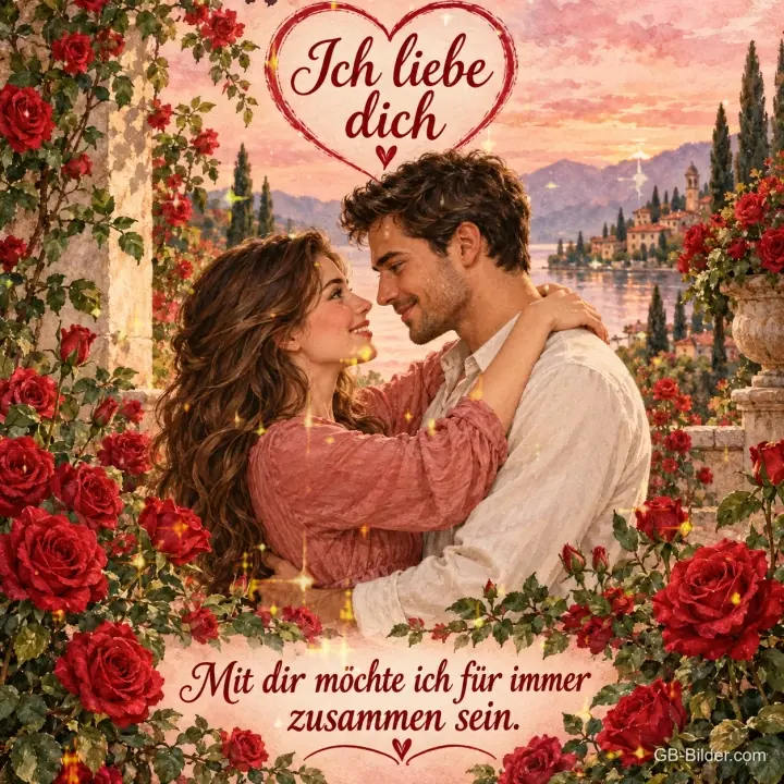 Verliebtes Paar umarmt sich zwischen roten Rosen am See, Text: Ich liebe dich – Mit dir möchte ich für immer zusammen sein.